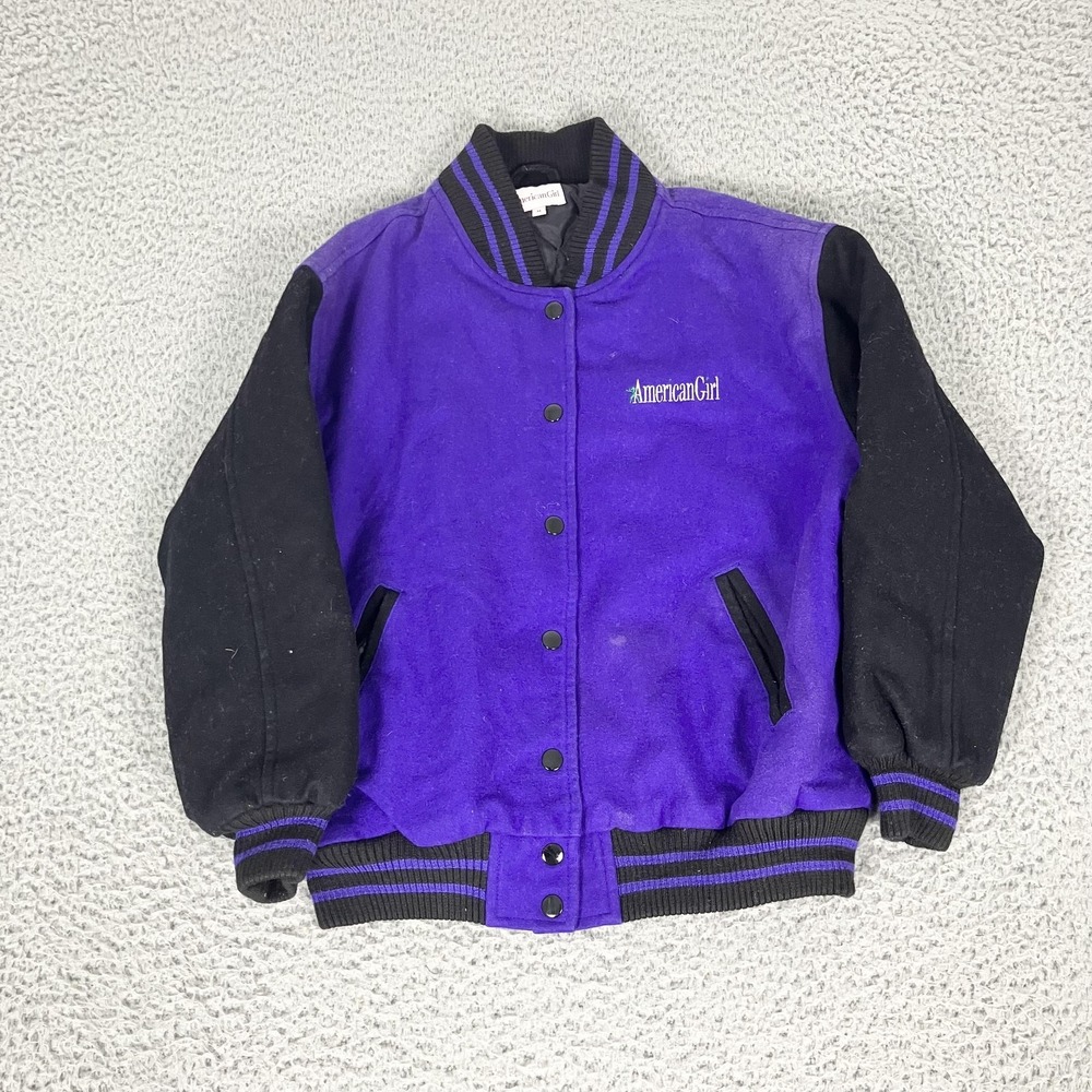 American Girl Varsity Jacket Girls Medium Purple Wool Quilted Lined Snap Logo